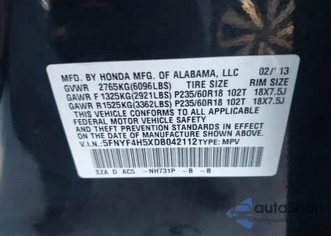2013 Honda Pilot Ex-L from USA, damaged, VIN 5FNYF4H5XDB042112